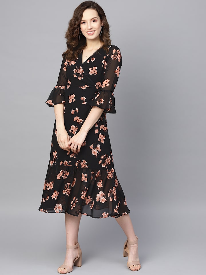Buy SASSAFRAS Black \u0026 Pink Floral Printed Wrap Dress - Dresses for Women  10856160 | Myntra