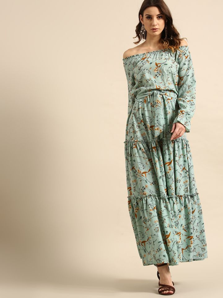 AKS Couture Women Green Mustard Brown Printed Tiered Maxi Dress