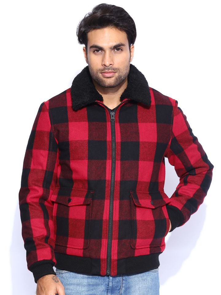 Red and black checkered wool sale jacket