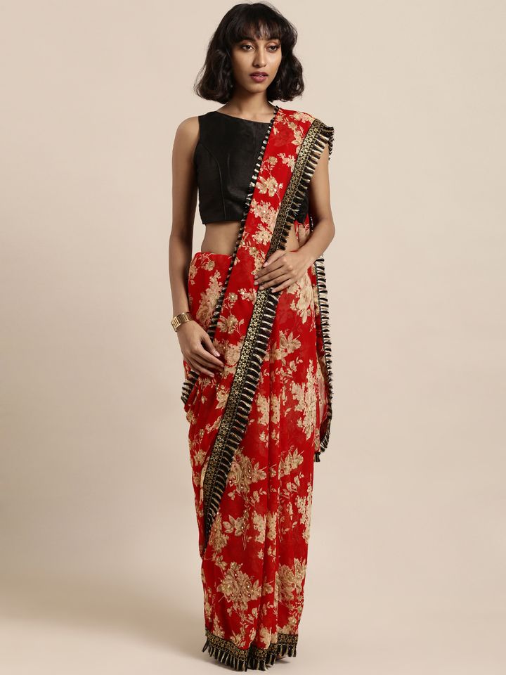 Tikhi Imli Red \u0026 Beige Poly Georgette 