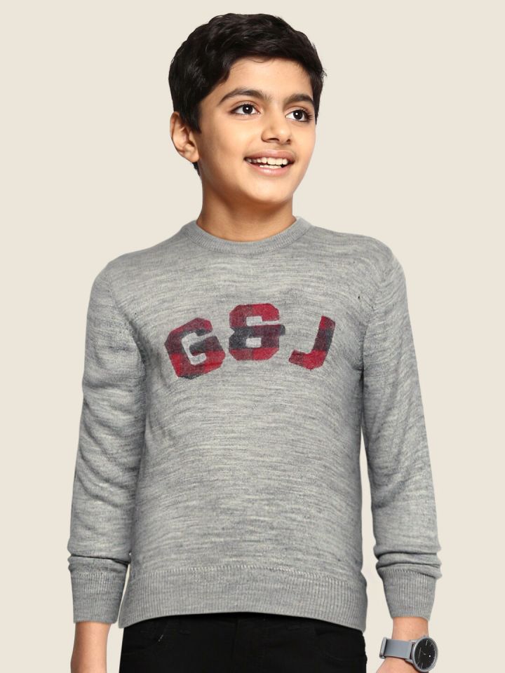 Gini and Jony Boys Grey Melange Solid Pullover Sweater