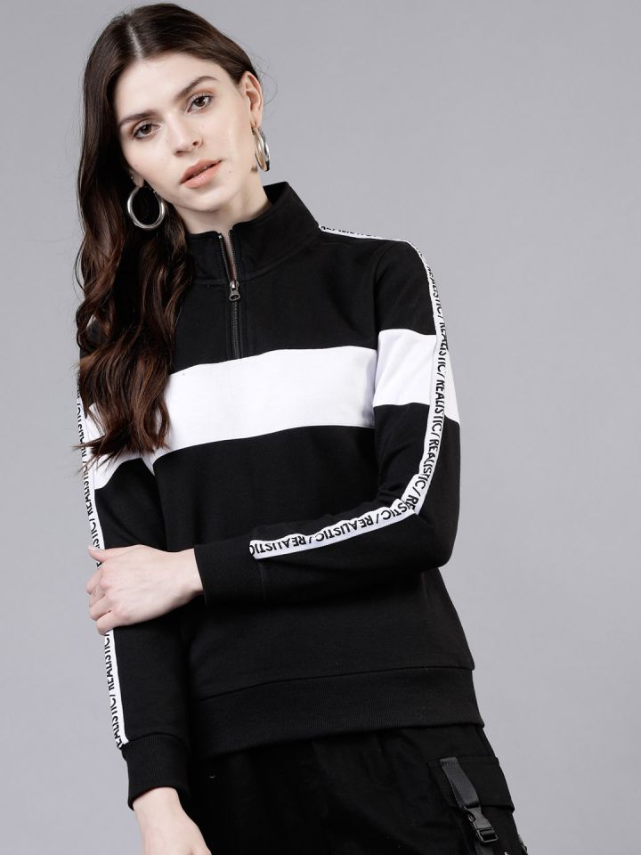 Tokyo Talkies Women Black White Colourblocked Pullover Sweatshirt