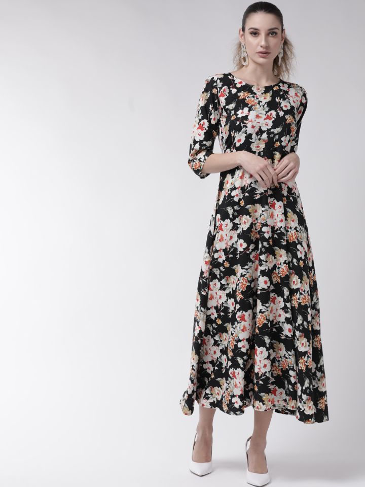 Buy U&F Women Black & White Floral Print Maxi Dress - Dresses for