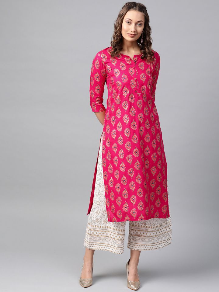Buy Anubhutee Women Pink Golden Printed Straight Kurta Kurtas