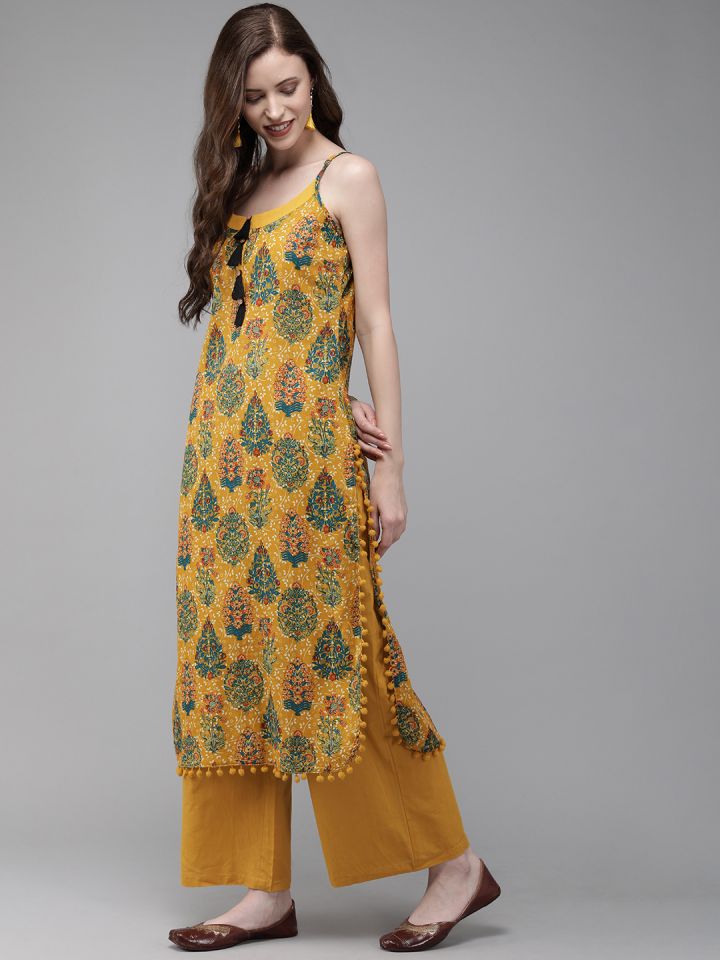 Anouk Women Mustard Yellow Green Printed Straight Kurta With Tassels Detail