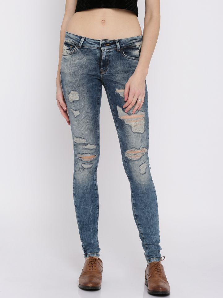 Vero Moda Women Blue Slim Fit Mid Rise Highly Distressed Jeans