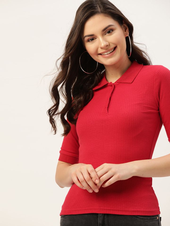DressBerry Women Red Ribbed Polo Collar T-shirt