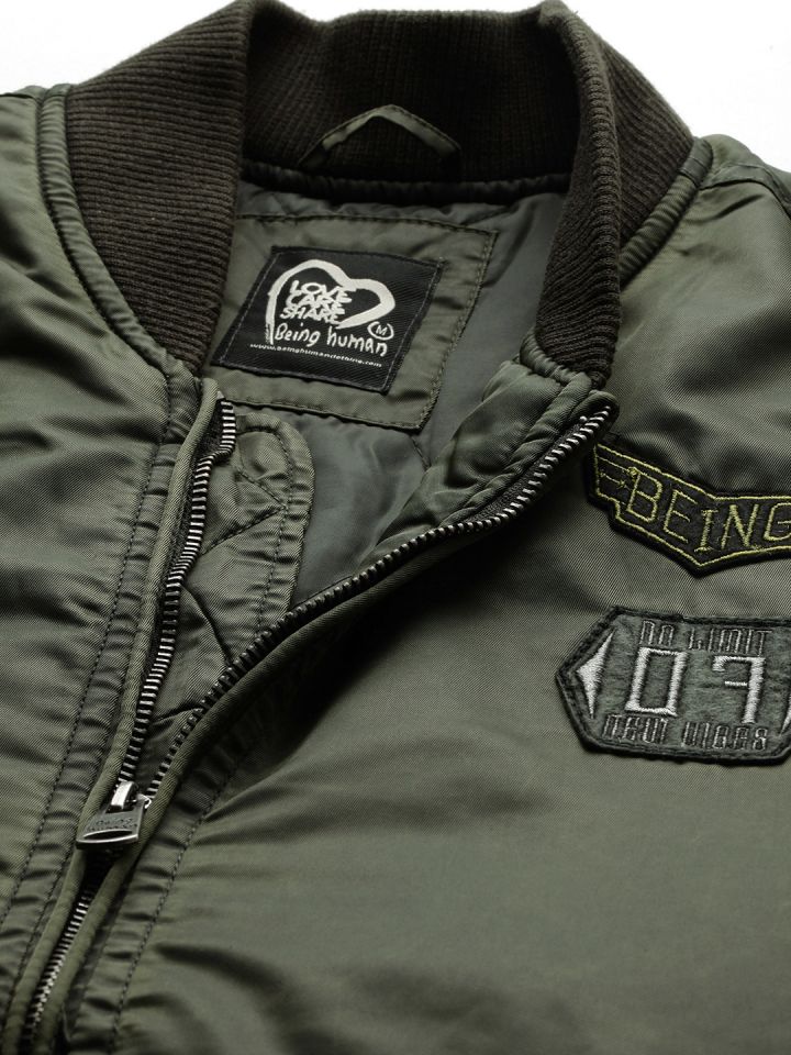 Buy Being Human Men Olive Green Solid Bomber Jacket Jackets For Men 11019764 Myntra When you buy being human clothing, you help save lives through our foundation's healthcare initiatives and shape lives through its education initiatives. being human men olive green solid bomber jacket