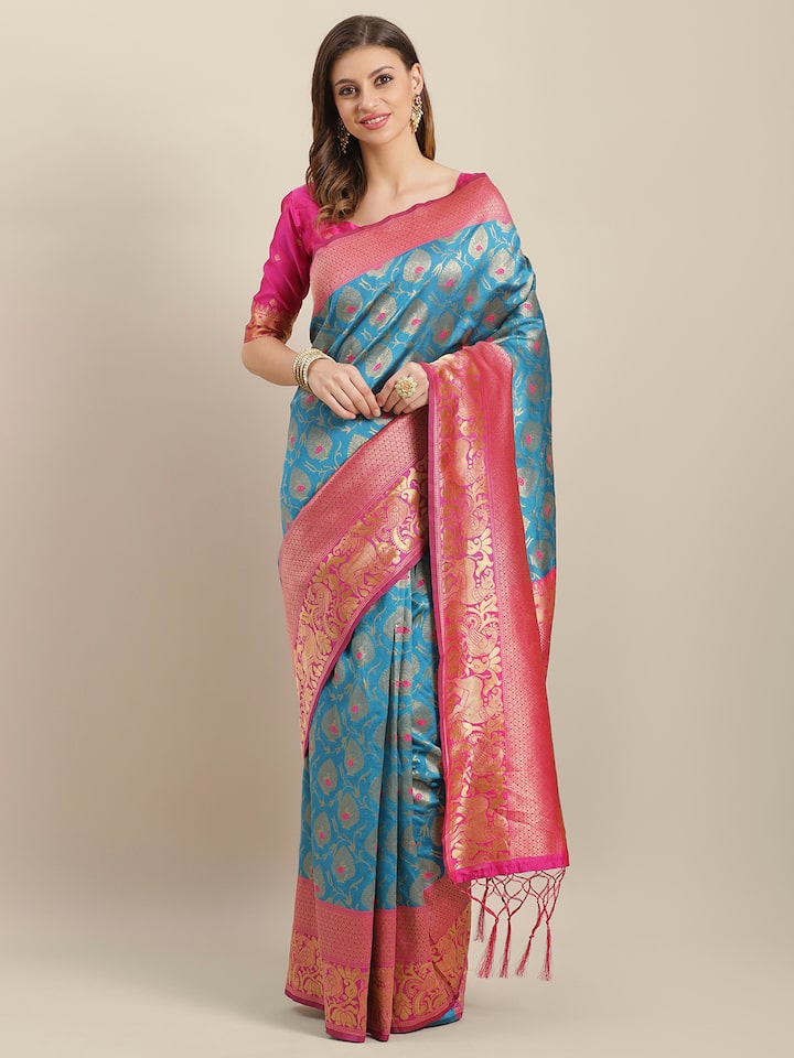 Buy Saree Mall Blue & Pink Zari Woven Design Banarasi Saree - Sarees for  Women 11070410 | Myntra