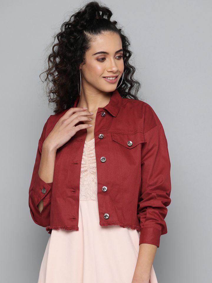 Maroon denim online jacket womens