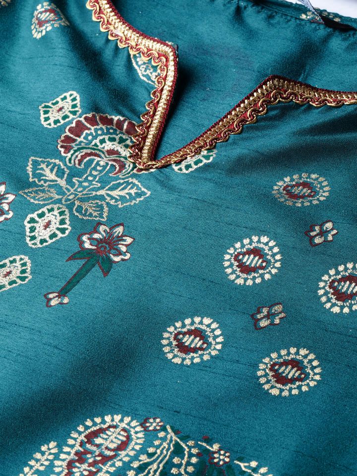 Buy Street 9 Women Teal Blue Maroon Foil Printed Kurta With Trousers Kurta Sets For Women 11245158 Myntra