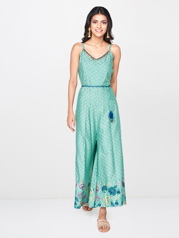 Global Desi Women Turquoise Blue Gold Coloured Printed Basic Jumpsuit