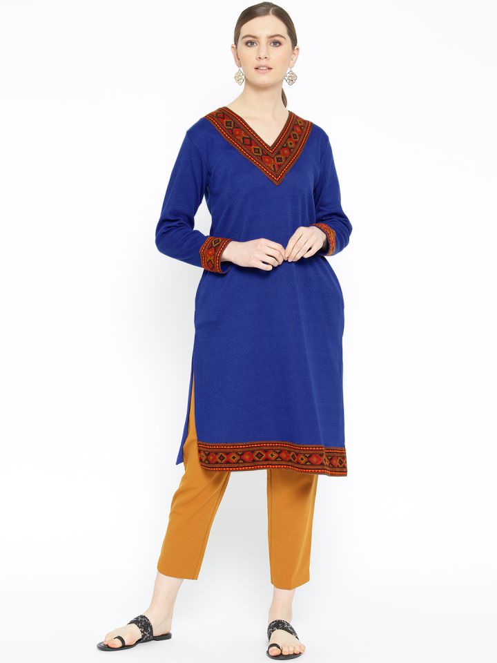 Buy Vastraa Fusion Women Blue Solid Straight Woolen Kurta Kurtas