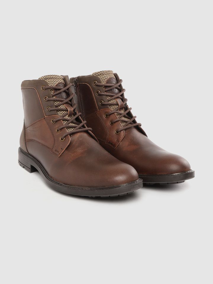 Buy Roadster Men Brown Solid Leather Mid Top Flat Boots Casual