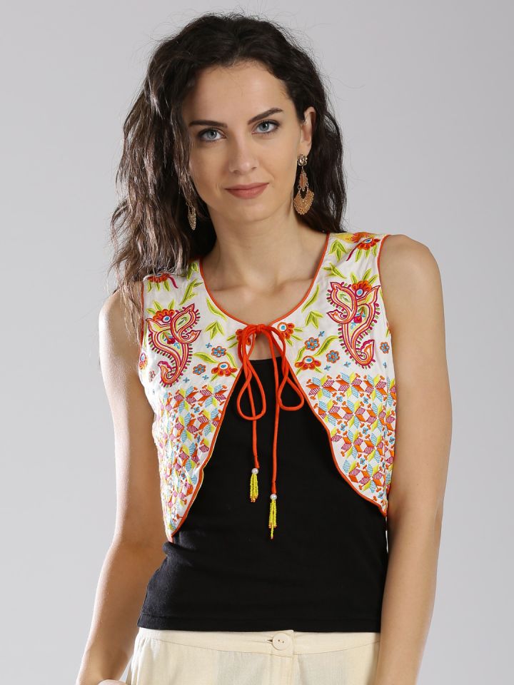 Buy IMARA White Embroidered Sleeveless Jacket Jackets for