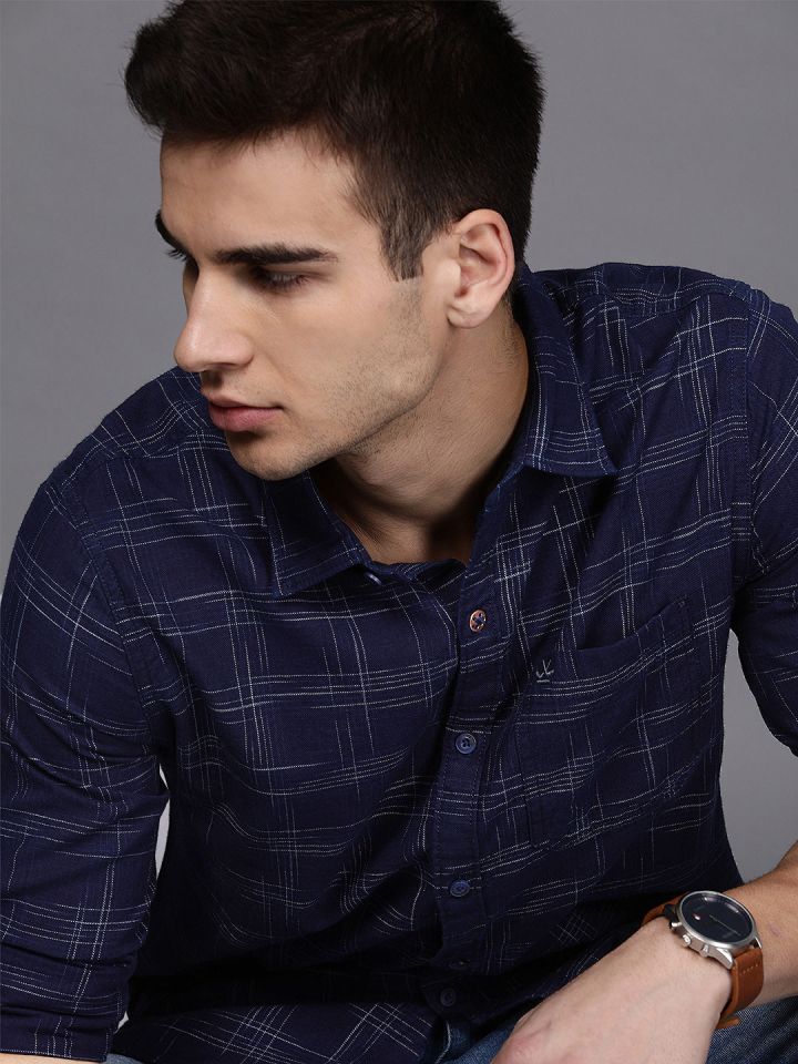 Buy WROGN Men Navy Blue White Slim Fit Checked Casual Shirt