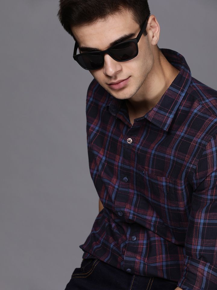 WROGN Men Navy Blue Checked Casual Hooded Shirt (39) by Myntra