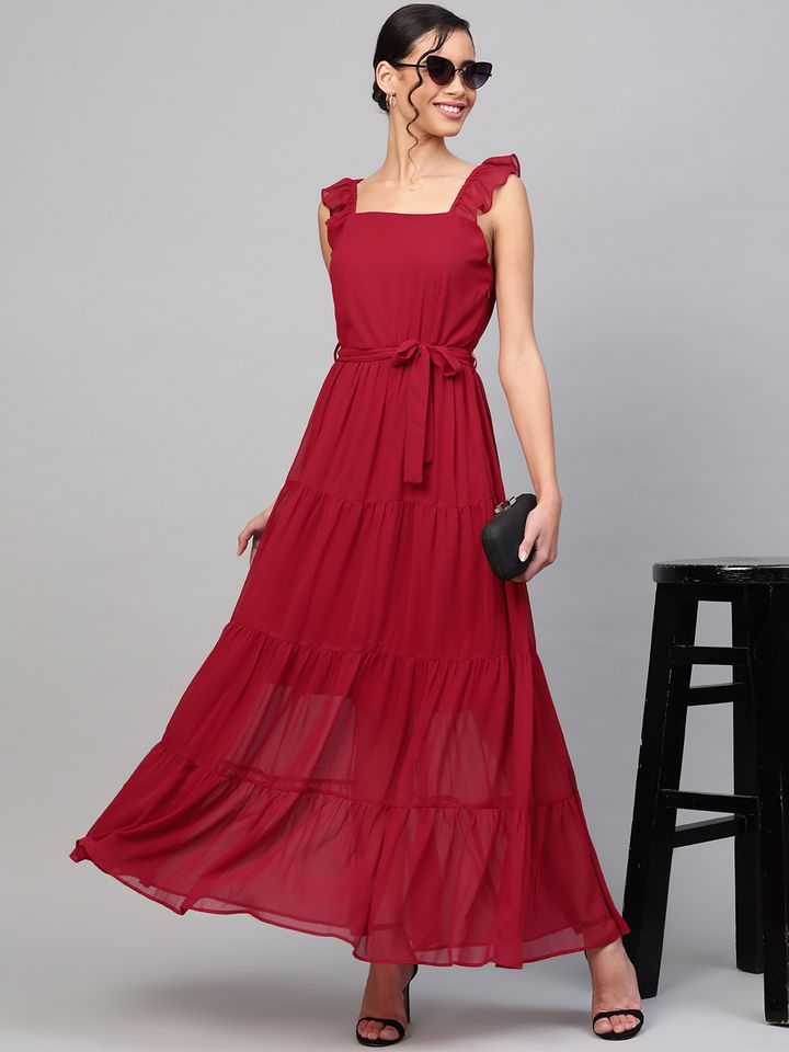 Buy SASSAFRAS Maroon Tiered Maxi Dress 