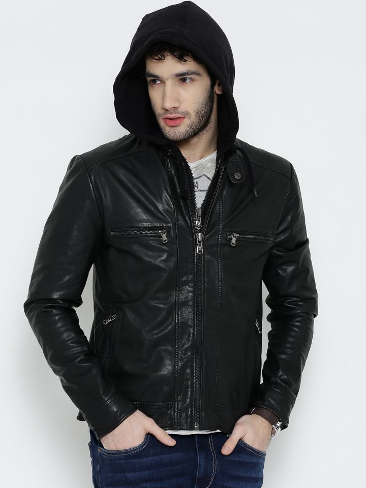 BARESKIN Black Leather Jacket with Detachable Hood