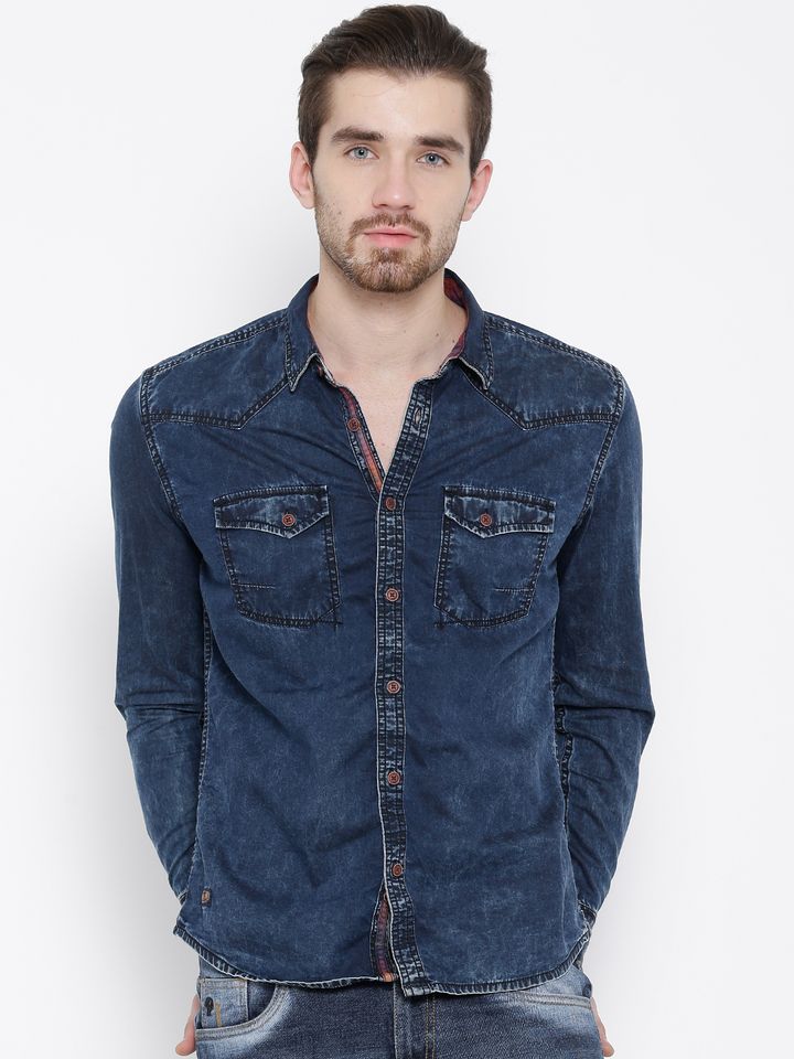 Navy Slim Fit Denim Shirt - Shirts 