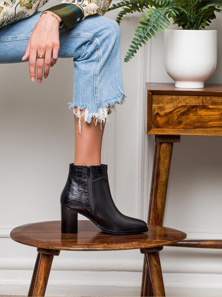 Black leather block heel booties store
