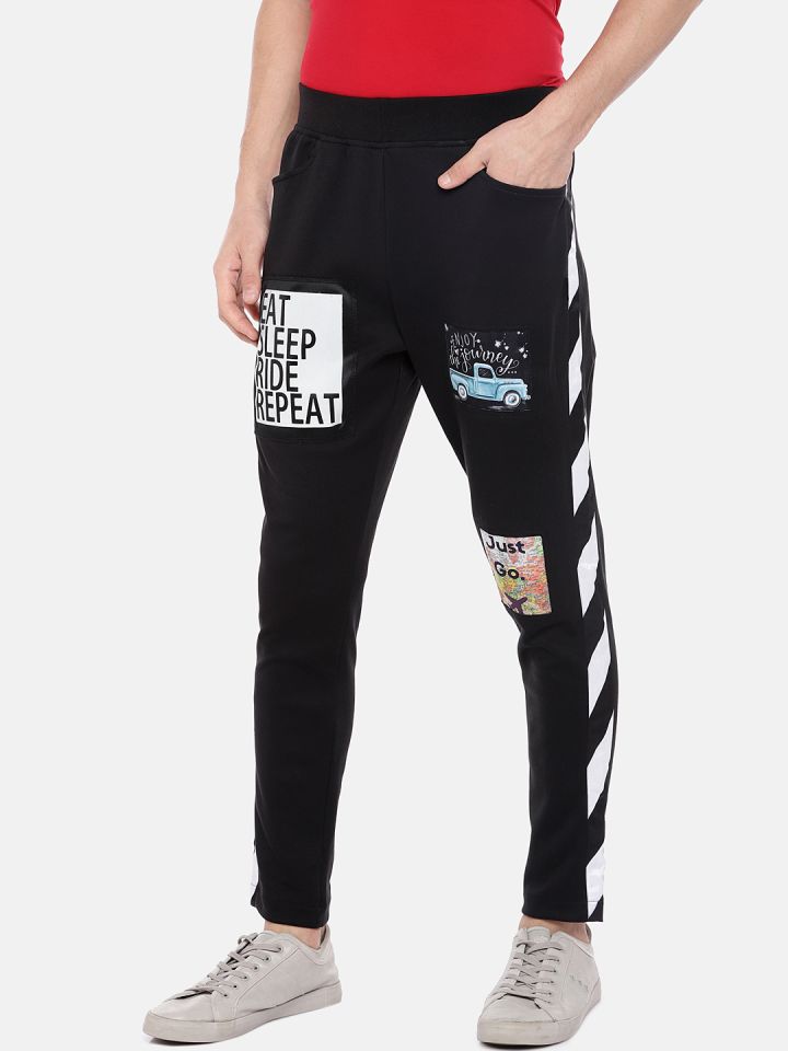 Buy Yuvraah Men Black White Printed Straight Fit Track Pants