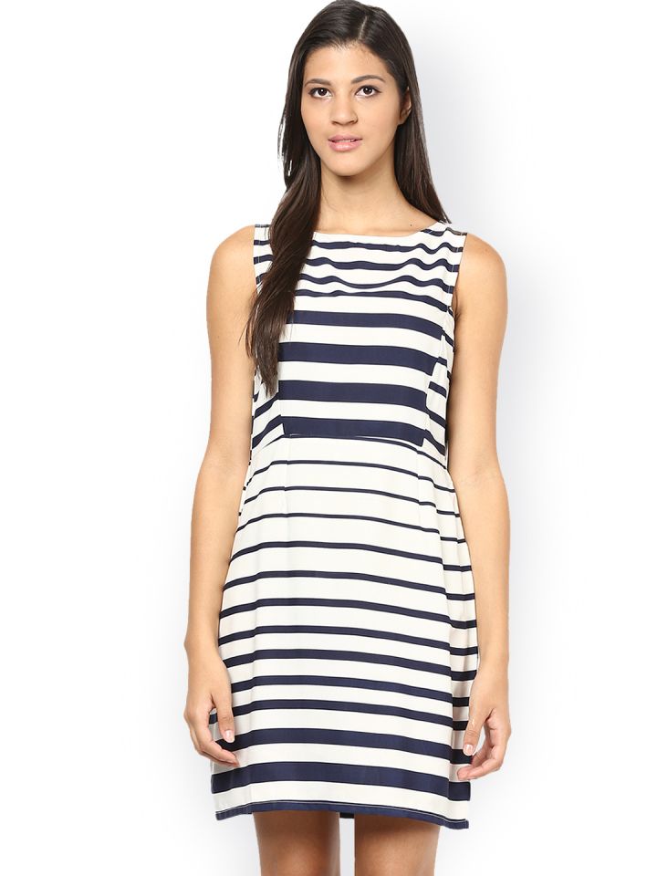 Buy Shwetna White & Black Striped A Line Dress - Dresses for Women