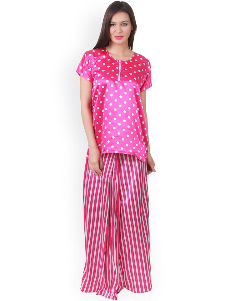 Buy Fasense Pink Polka Dot Print Striped Lungi Night Suit