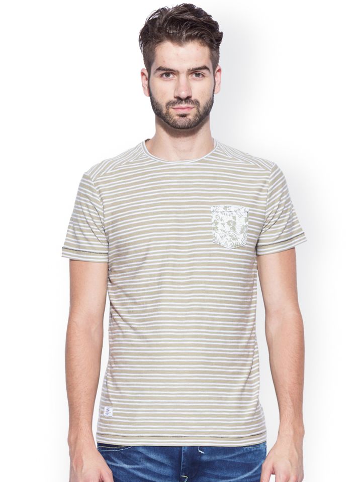 Buy Mufti Khaki Striped Slim Fit Pure Cotton T Shirt Tshirts for