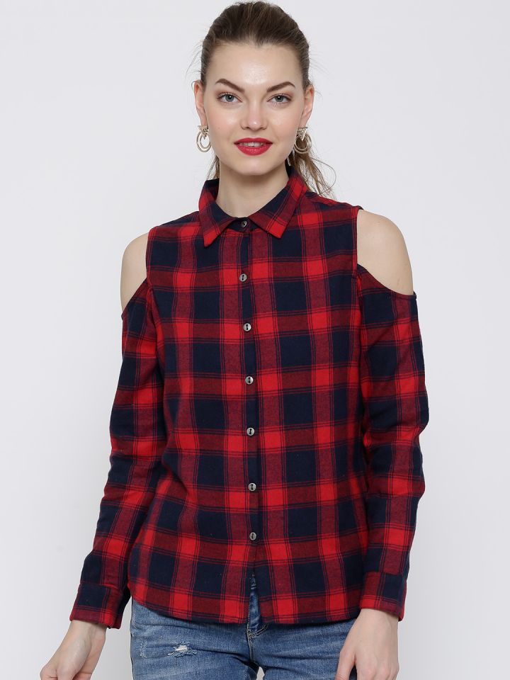 Open shoulder tartan new arrivals 2 in 1 shirt