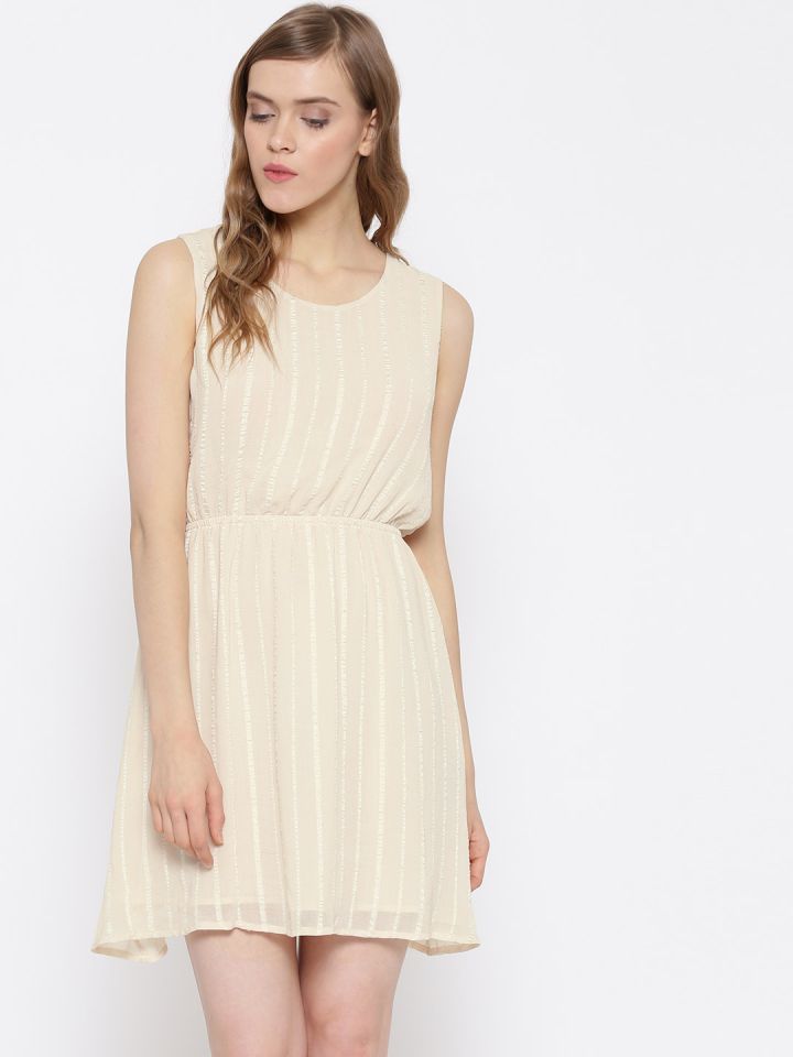 FOREVER 21 Women Cream Coloured Self Striped Fit Flare Dress