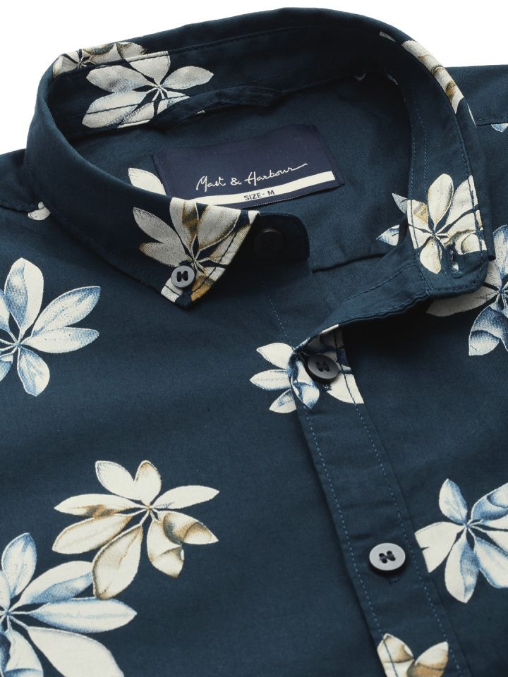 HERE&NOW Men Black & Blue Slim Fit Floral Printed Casual Shirt