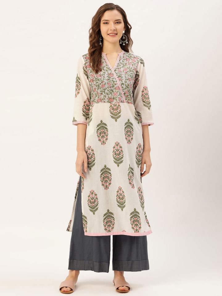Women Cotton Jaipuri Floral Printed & Thread Embroidered Straight