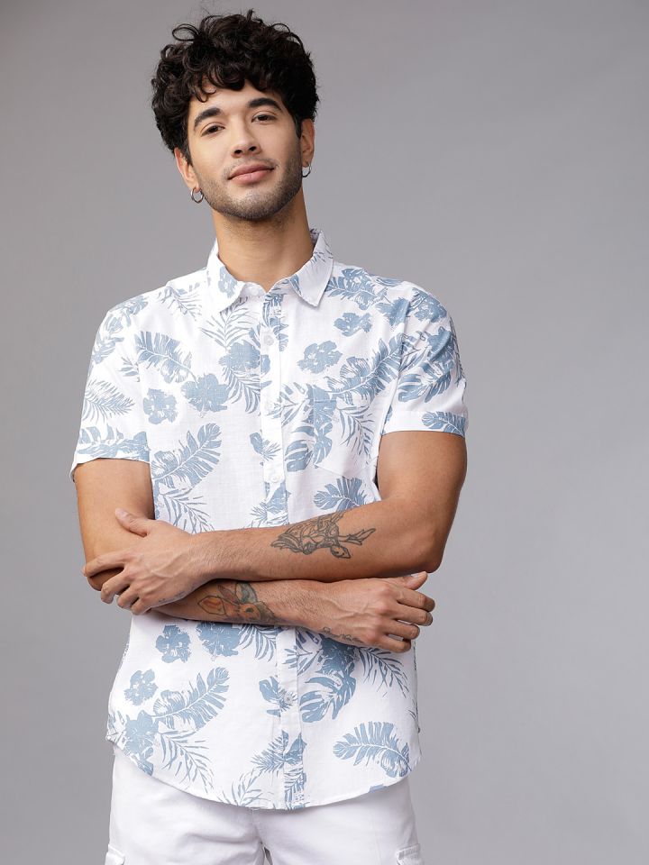 Mens ethnic style floral printing shirt cotton store seaside short sleeve loose ethnic style casual shirt