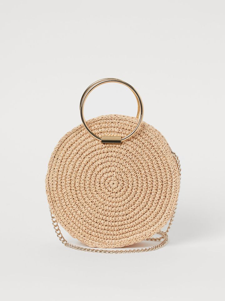 Buy H M Women Beige Solid Round Straw Shoulder Bag Handbags for
