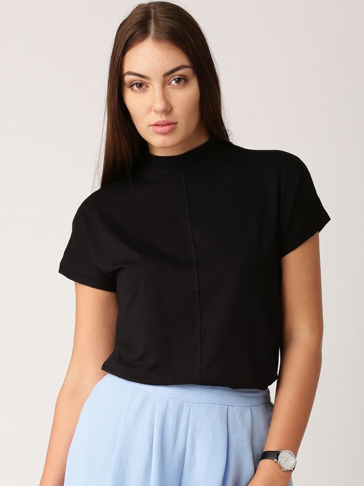 Buy ETHER Women Black High Neck T Shirt 