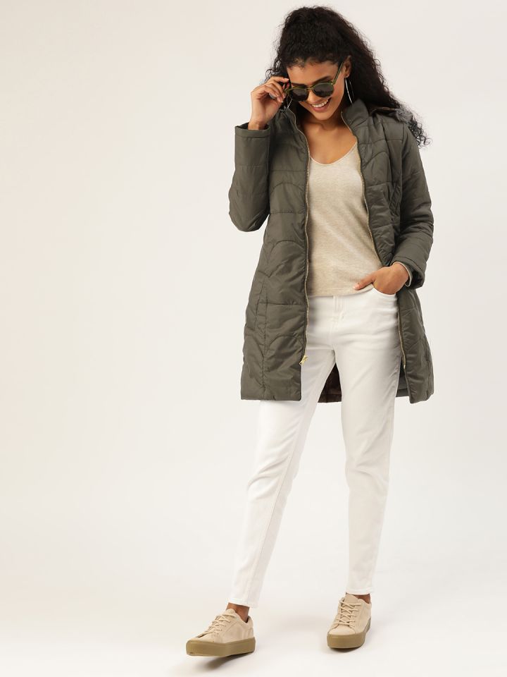 Olive green womens cheap coat with fur hood
