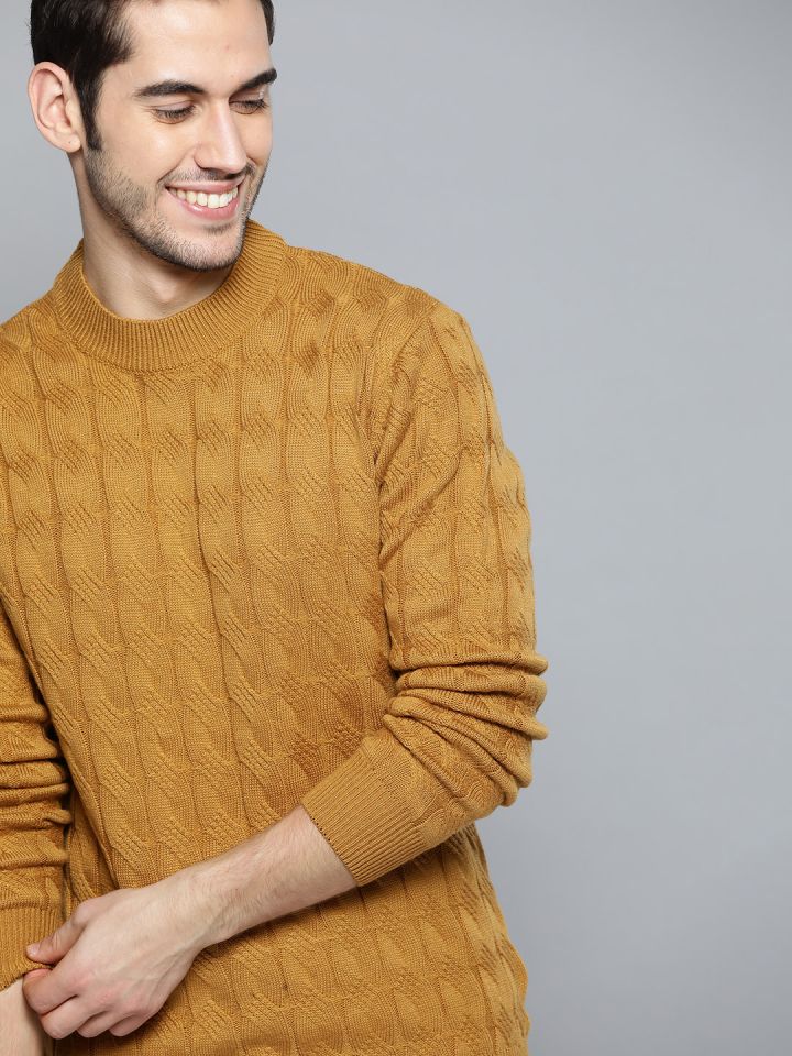 Buy Mast Harbour Men Mustard Yellow Cable Knit Pullover