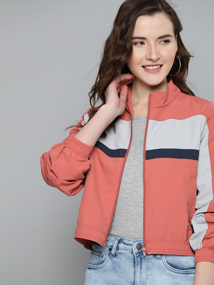 Mast Harbour Women Peach Coloured Grey Striped Bomber Jacket