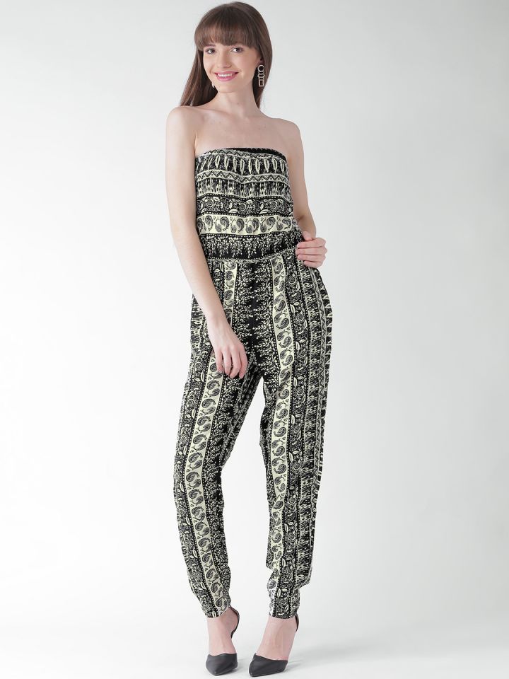 FOREVER 21 Black Off White Printed Tube Jumpsuit