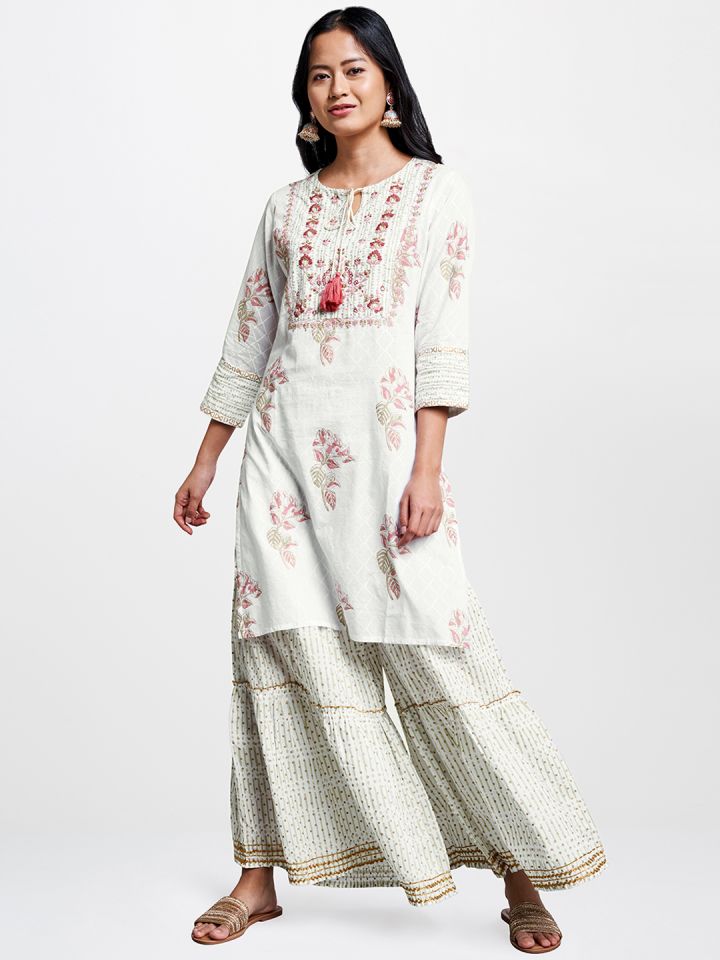 Buy Global Desi Women Off White Pink Printed Kurta With Sharara