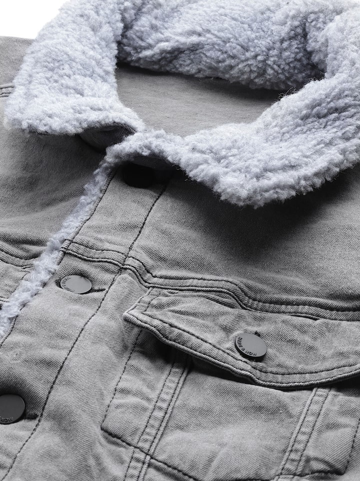 gruppe Frosset Addiction Buy HERE&NOW Men Grey Washed Denim Jacket With Faux Fur Trim - Jackets for  Men 12143166 | Myntra