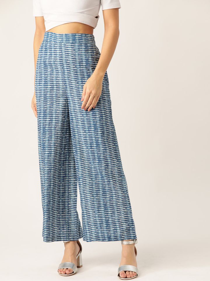 Buy Sangria Women Navy Blue White Striped Wide Leg Palazzos