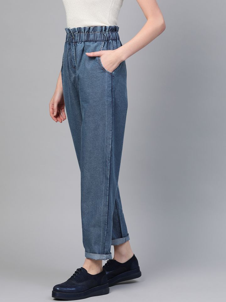 Buy PAPER-BAG-STYLE CINCHED WAIST GREIGE TROUSER for Women Online in India