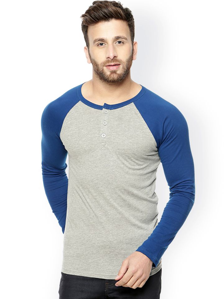 GRITSTONES Men Grey Melange Blue Solid Henley T Shirt