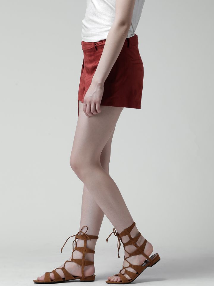 Buy FOREVER 21 Brick Red Velvet Finish Shorts Shorts for Women