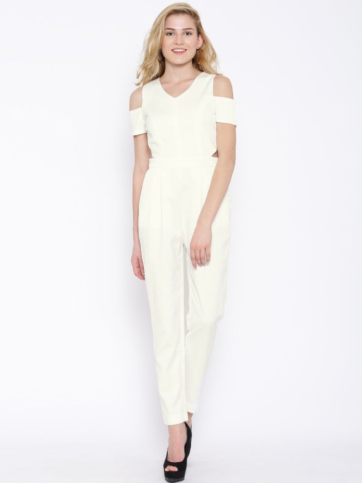 white cold shoulder jumpsuit