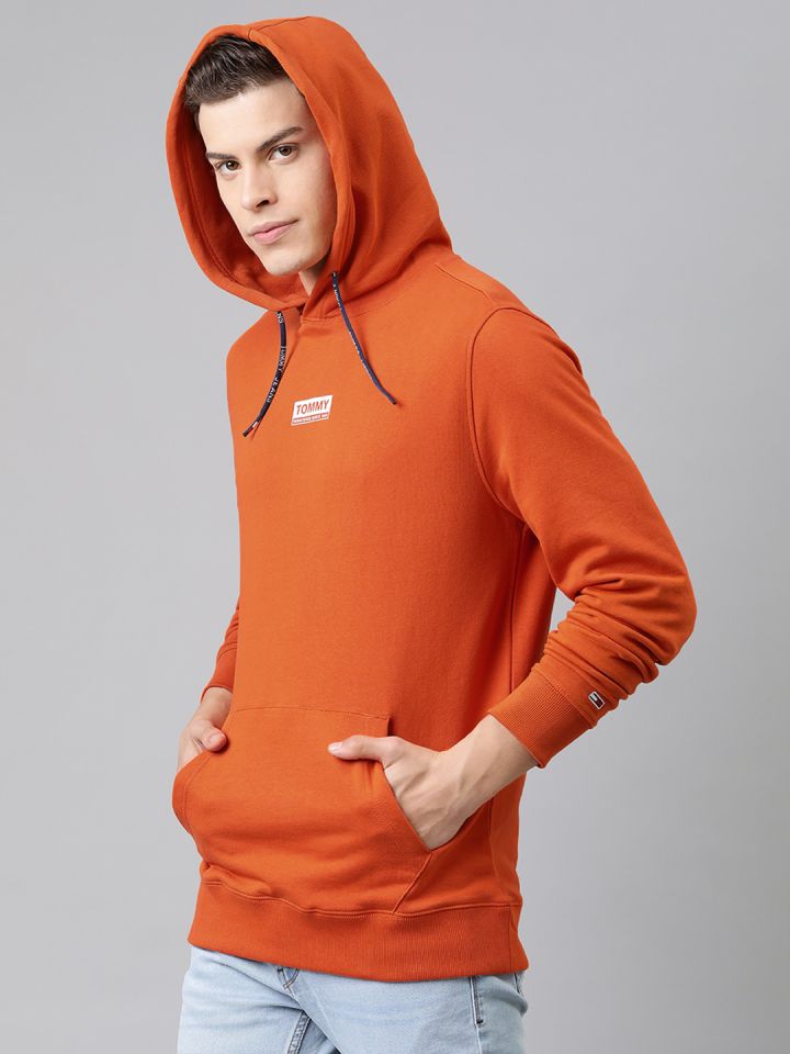 Tommy Hilfiger Men Rust Orange Hooded Solid Sweatshirt