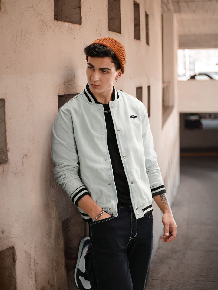 Blue solid online denim jacket