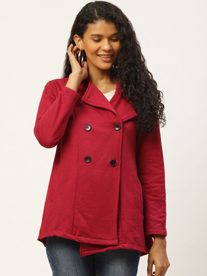 Buy Belle Fille Women Maroon Solid Hip Length Wrap Coat Coats